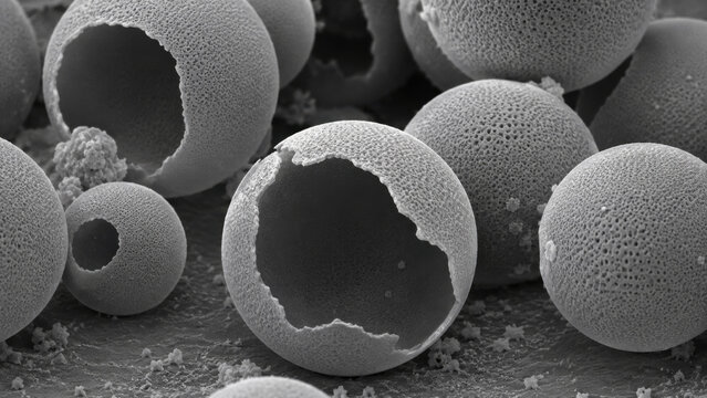 Scanning electron microscope image of hollow silica sphere structures, fractured shell revealing empty interior cavity, grey monochrome surface detail, scientific research concept
