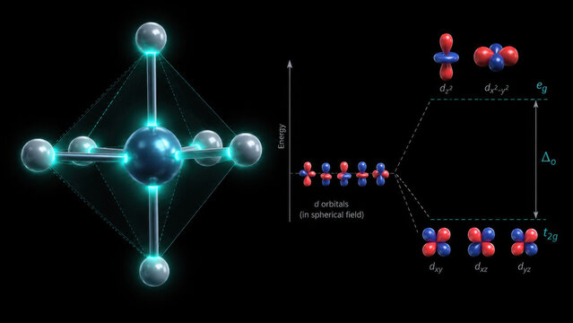 3D molecular model of octahedral transition metal coordination complex with six ligand attachment points glowing teal on dark background showing d orbital splitting diagram