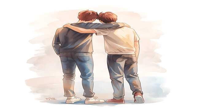 Two men standing back to back with arms around each other