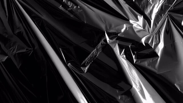 Abstract dark black plastic wrap texture with dramatic light reflections.