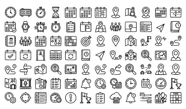 Scheduling and Navigation Outline Icons Pack with Calendar Clock and Location Symbols