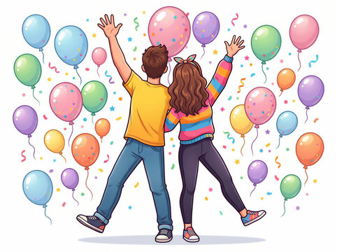 Couple celebrating with colorful balloons and confetti