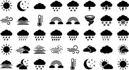 Naklejka premium A collection of weather icons displays various meteorological phenomena, including sun, moon, clouds, rain, snow, wind, lightning, and rainbows, presented in a clean, black and white graphic style.