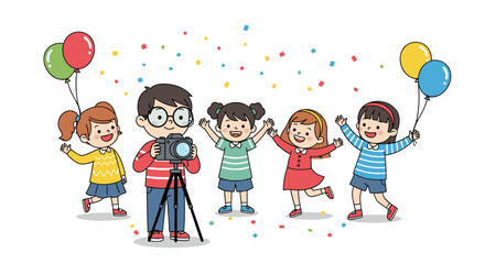 Fototapeta premium Group of happy children and a photographer celebrating a special event with colorful balloons and falling confetti.