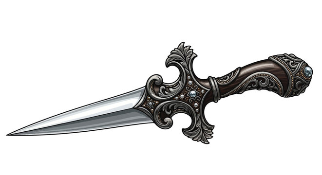 Ornate antique ceremonial dagger with decorative engraved handle and steel blade.