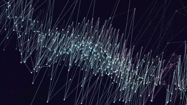 Abstract digital network with interconnected points and lines creating a waveform effect on a dark background