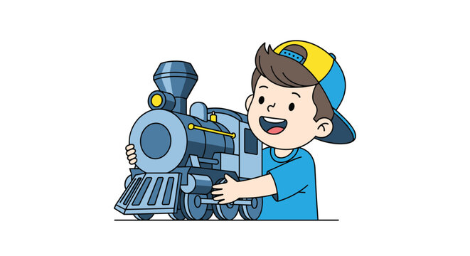 Excited little boy wearing a yellow and blue cap playing with a large toy steam locomotive engine on a white background.