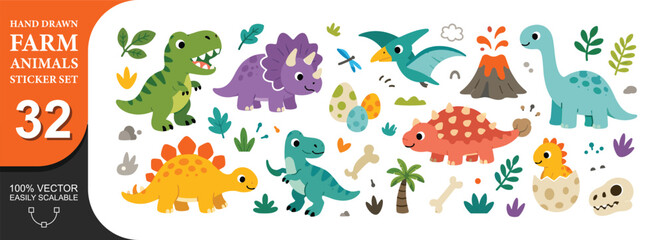 Cute hand drawn dinosaur sticker set with various prehistoric creatures and nature elements in flat cartoon style. © PixiBoo Studio