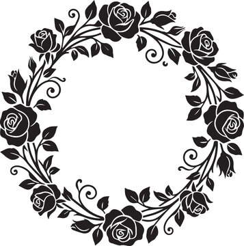 Detailed circular frame design with elegant rose branches and decorative swirls isolated on a transparent background graphic.