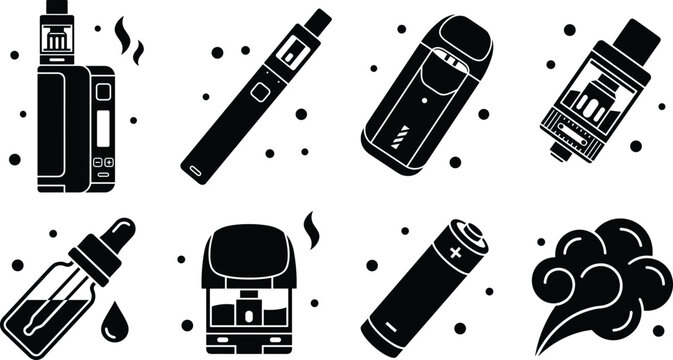 Electronic Cigarette and Vape Device Icon Collection with Pod System, Disposable Vape, E Liquid Bottle, Battery, Cartridge, and Vapor Cloud