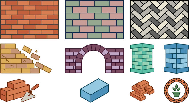 Brick Wall Construction Element Collection with Masonry Patterns, Decorative Brickwork, Columns, Archway, Damaged Wall, Building Materials, and Vector Icons