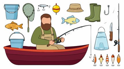 Fisherman in boat with fishing rod and various fishing gear vector illustration set © Hexaview