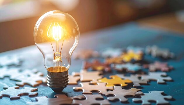 Creative idea generation represented by glowing lightbulb and puzzle elements, innovation and problem solving theme
