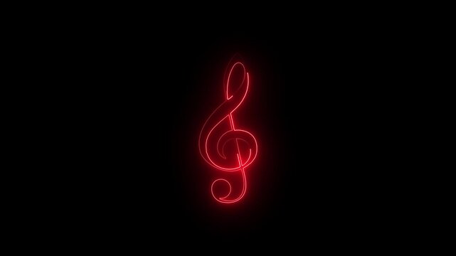 Neon glowing treble clef symbol on black background template decoration and covering on the black background.