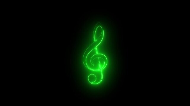 Neon glowing treble clef symbol on black background template decoration and covering on the black background.
