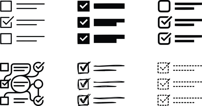 Checklist task icon sheet with checkboxes tick marks to do lists survey forms black outline symbols for productivity apps interfaces
