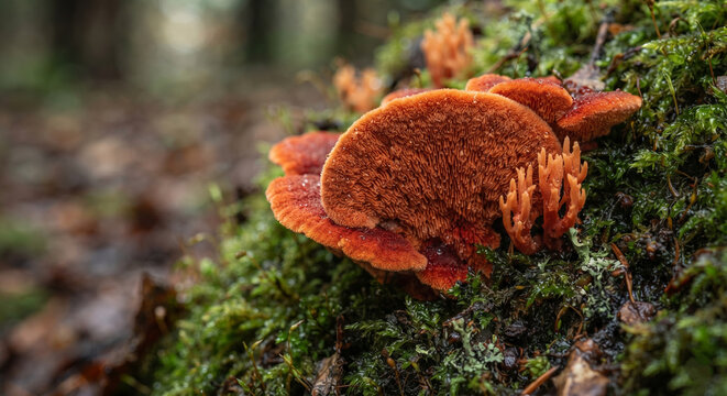 Macro close-up of vibrant orange fungi and coral mushrooms growing on mossy forest floor