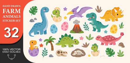 Cute hand drawn prehistoric dinosaur sticker set featuring dinosaurs eggs fossils and nature elements. © PixiBoo Studio