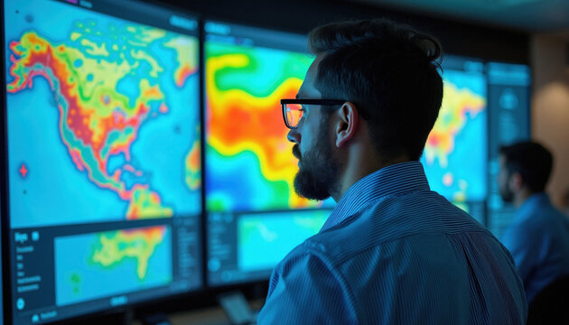 Man wears glasses watches big screens showing colorful map data in command center. He studies weather patterns and forecasts. Another man watches screens nearby.