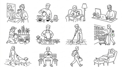 Obraz premium Everyday Routine People Line Art Vector Set – Daily Activities and Lifestyle Minimalist Character Collection