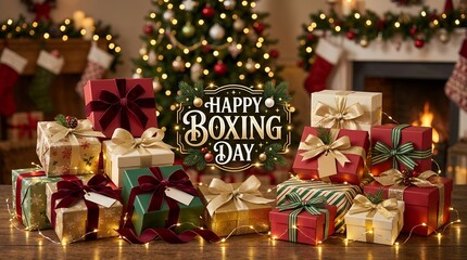 Happy  Boxing Day with Stack of wrapped Christmas gift boxes and  ribbons and fairy lights
