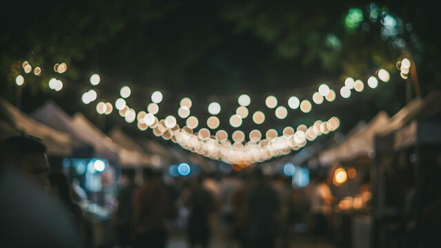 Nighttime outdoor market with string lights