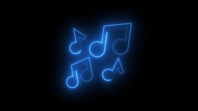 Neon blue music notes icons on a black background glowing neon line music icon. music icon animation on black background. video