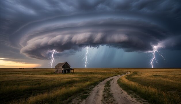 Massive rotating supercell thunderstorm over a rural farmhouse