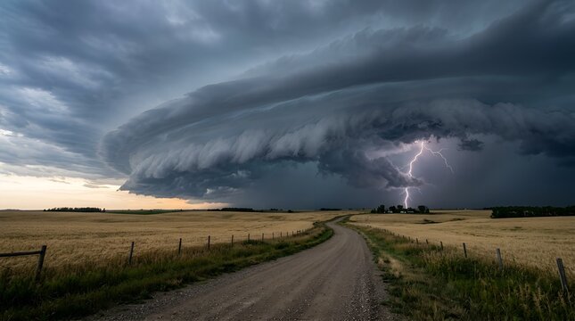 Massive shelf cloud and lightning strike over a rural dirt road
