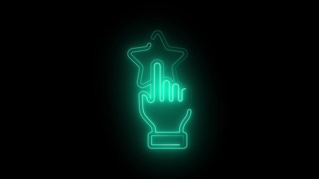 Neon cyan hand pointing at a star icon on a black background experience. human hands holding-hugging star symbol. neon logo animation for web on black background editable