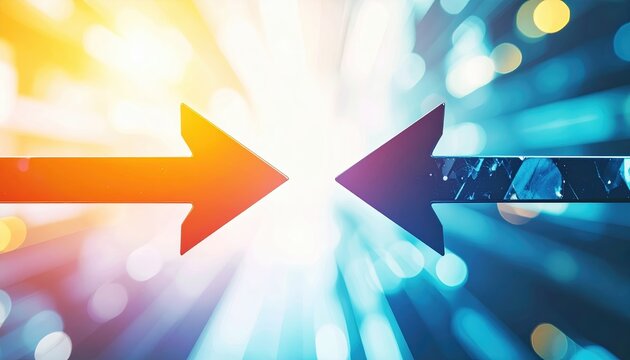 Business progress moving against opposing arrows, overcoming obstacles and challenges concept, simple geometric design, bright background