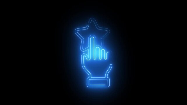 Neon blue hand pointing at a star icon on a black background experience. human hands holding-hugging star symbol. neon logo animation for web on black background editable