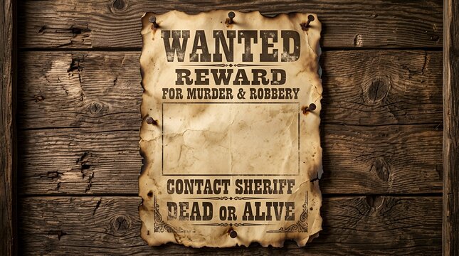 Vintage wanted poster with blank frame pinned to dark wooden planks