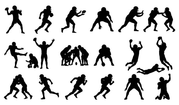 American Football Player Silhouette Vector Set with Running Tackling Throwing and Touchdown Action Poses