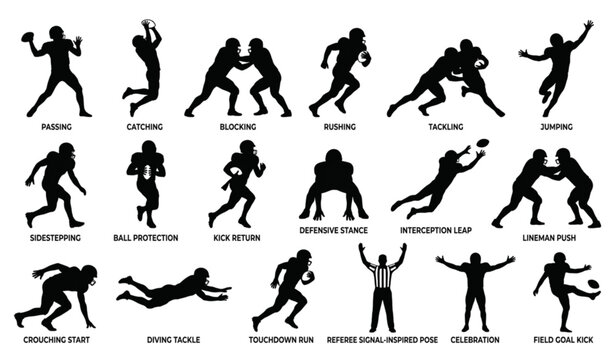 American Football Athlete Silhouette Collection with Offensive and Defensive Sports Action Vector