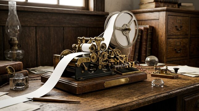 Vintage mechanical ticker tape recorder on an old wooden desk