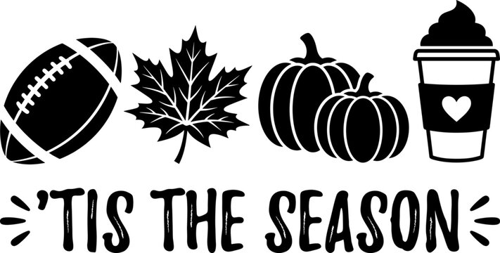 Fall season icons, autumn symbols, football, pumpkin, maple leaf, coffee cup vector graphics