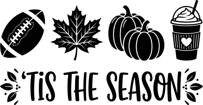 Fall season icons, autumn symbols, Tis The Season phrase, seasonal vector graphics