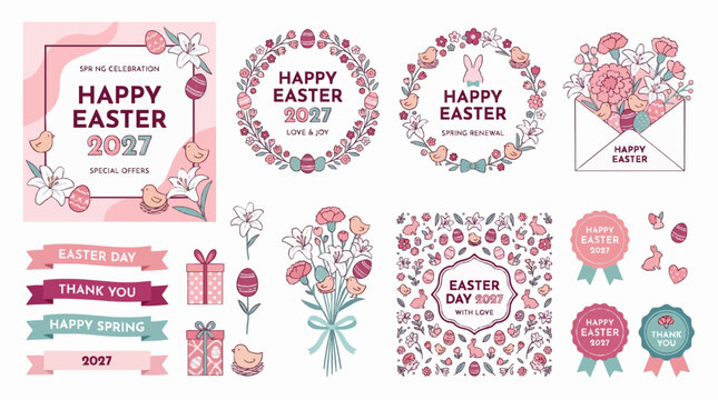 Flat Vector Happy Easter 2027 Spring Celebration Element Set with Bunny Eggs Wreath and Ribbons Pink