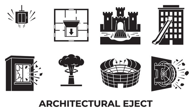 Architectural eject concept with building ejecting rocket and various building safety escape icons.