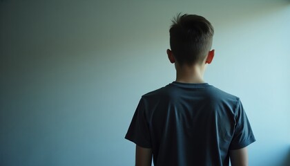 Naklejka premium Teenager stands facing wall, looking away, with head slightly tilted. His back is to camera, emphasizing solitude and contemplation in a neutral setting.