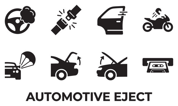 Automotive eject concept with car ejecting steering wheel and various car safety escape symbols.