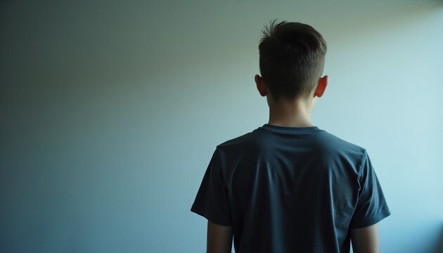 Teenager stands facing wall, looking away, with head slightly tilted. His back is to camera, emphasizing solitude and contemplation in a neutral setting.