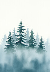 Fototapeta premium Five distinct, snow-dusted watercolor pine trees in muted green and deep teal, emerging from dense blue-gray mist against a stark white background, serene winter concept