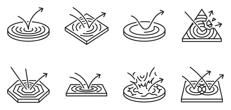 Collection of abstract icons representing bouncing and breaking effects with arrows.