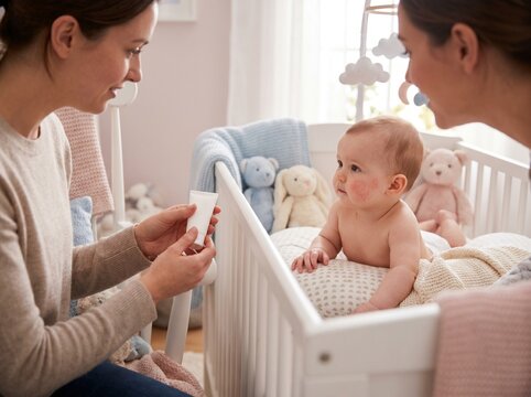ベビーベッドで乳児にケア用品を見せる手元