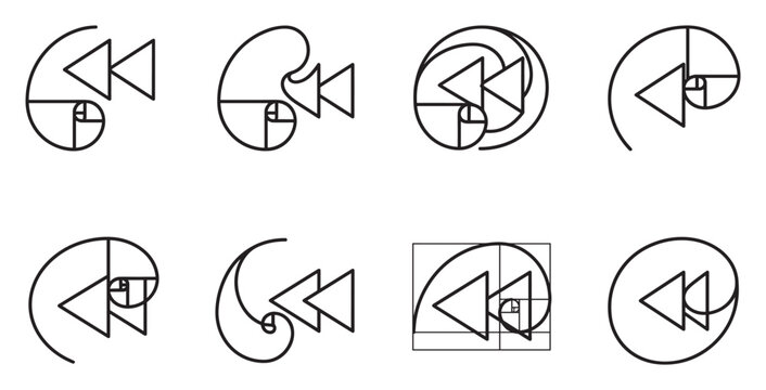 Collection of rewind icons and symbols with golden ratio spirals.