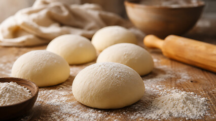 Fototapeta premium Round bread dough balls resting on floured table with baking tools, homemade artisan bread preparation, rustic bakery process food photography in soft warm light.