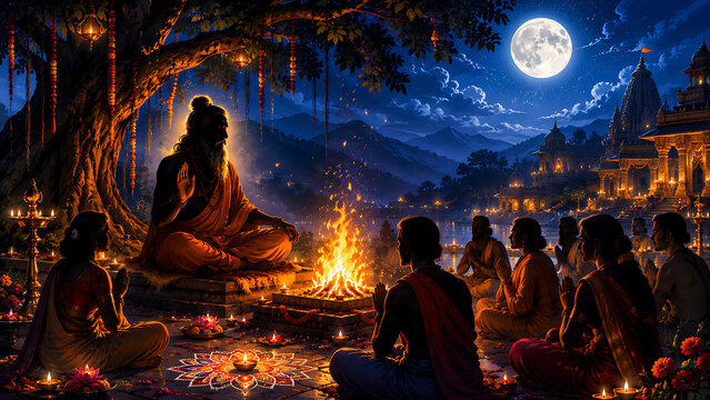 Guru purnima spiritual teacher guiding devotees beside sacred fire under full moon temple lights for hindu relegious festival devotion and blessing ceremony