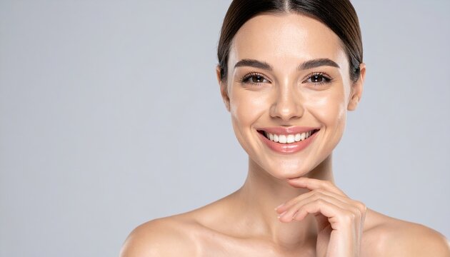 perfect smile concept with natural beauty portrait, oral health advertising style, clean background